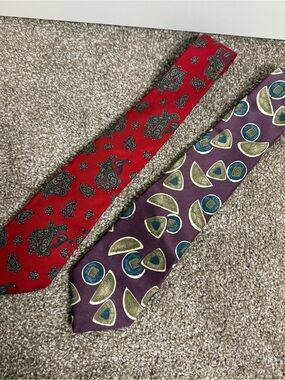Dior Red Paisley and Plum Geometric Silk Tie Duo